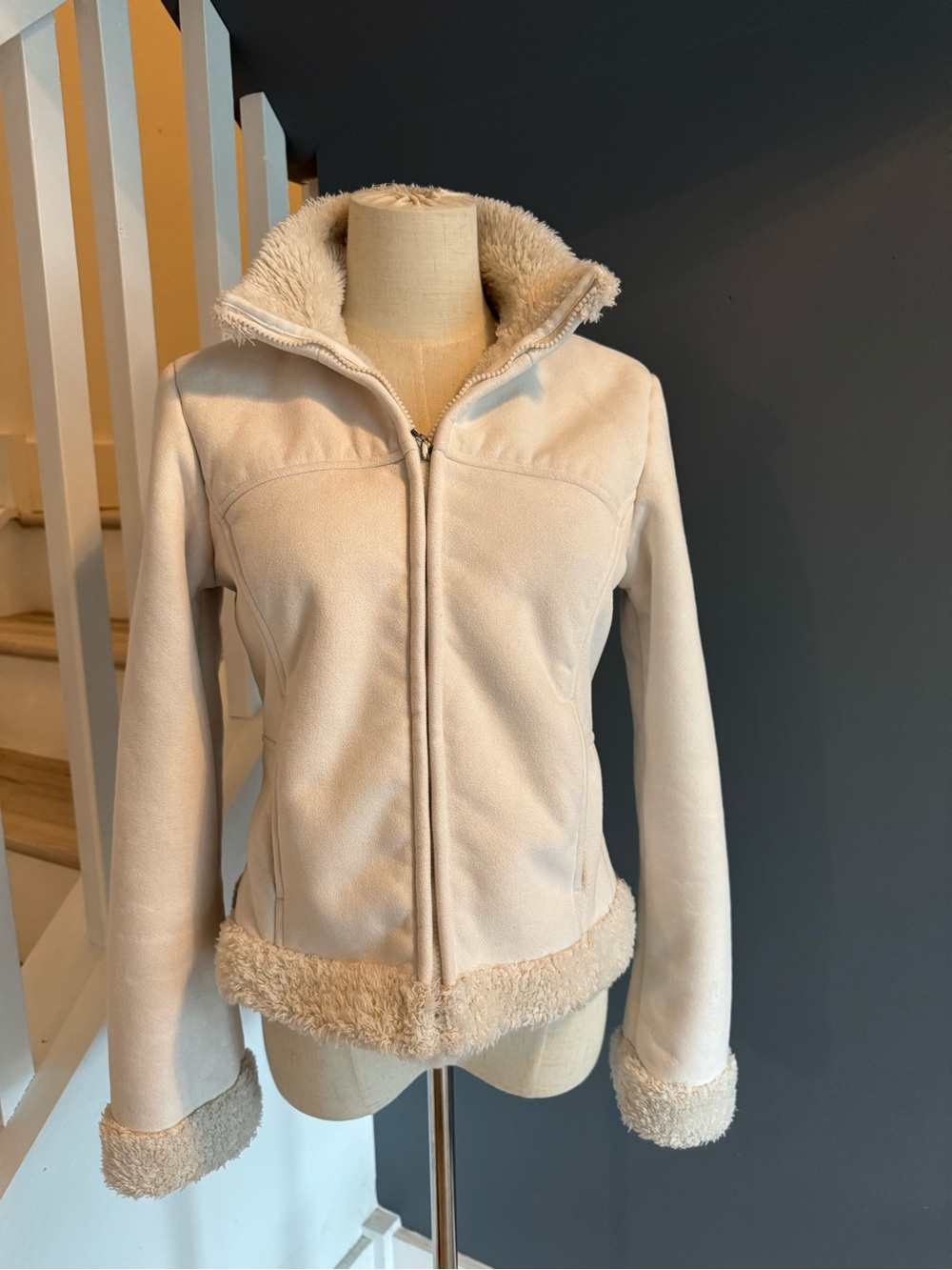 Ralph Lauren Cream Faux Shearling Sherpa Jacket Faux Suede Aviator Coat. Small